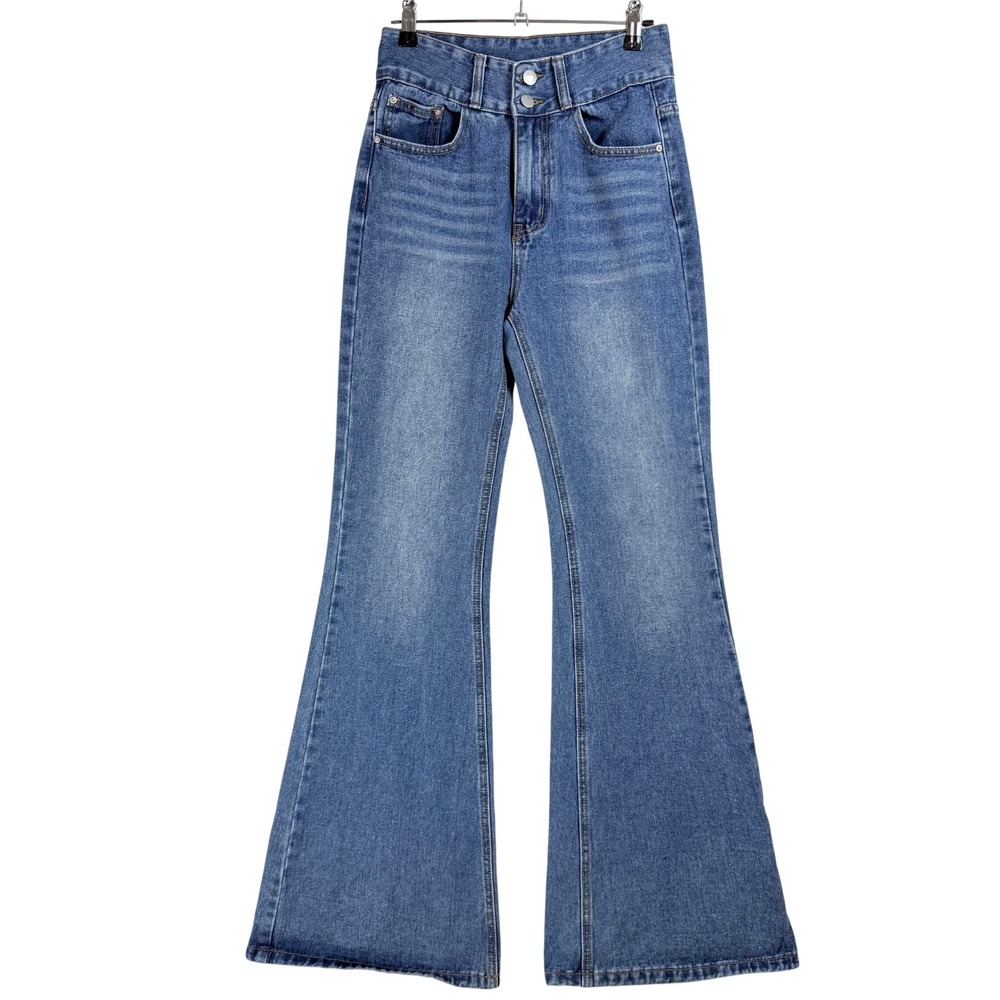 SHEIN Women XS Blue High Waisted Flare Jeans Double Button Bell Bottoms